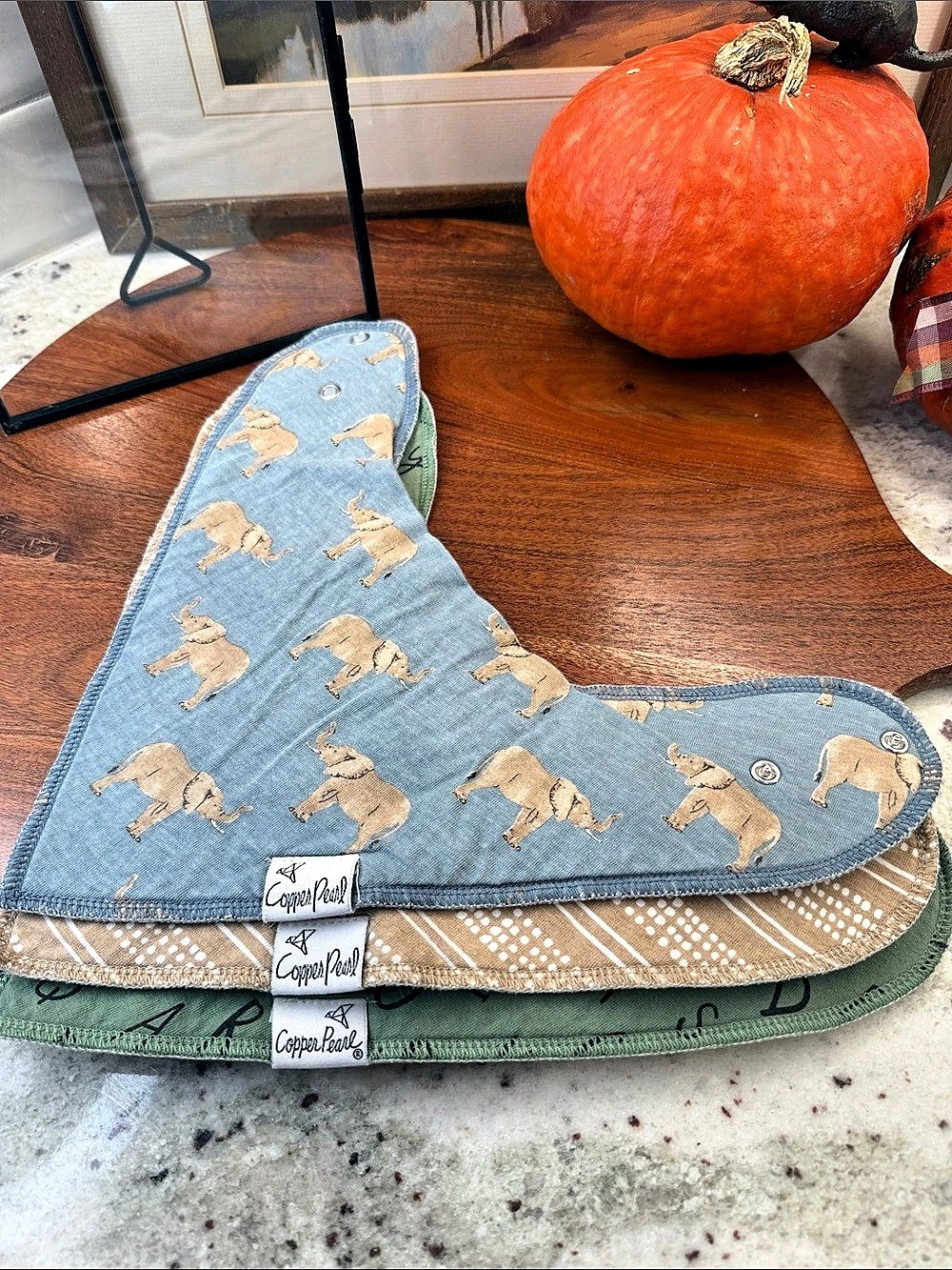Copper Pearl Safari Bandana Bib Set Green & Blue and Burl Clothes